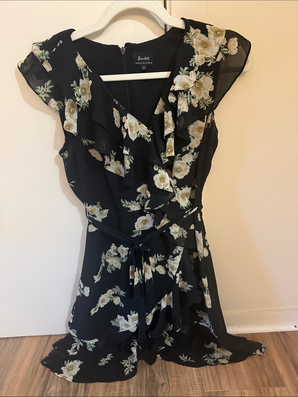 Bardot Black Floral Wrap Dress With Cream Blossoms